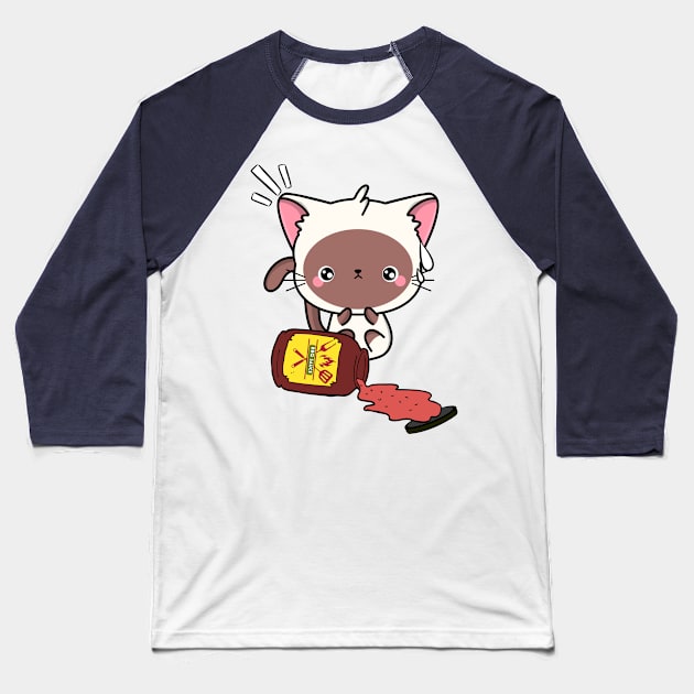 Funny White Cat Spills a jar of BBQ Sauce Baseball T-Shirt by Pet Station